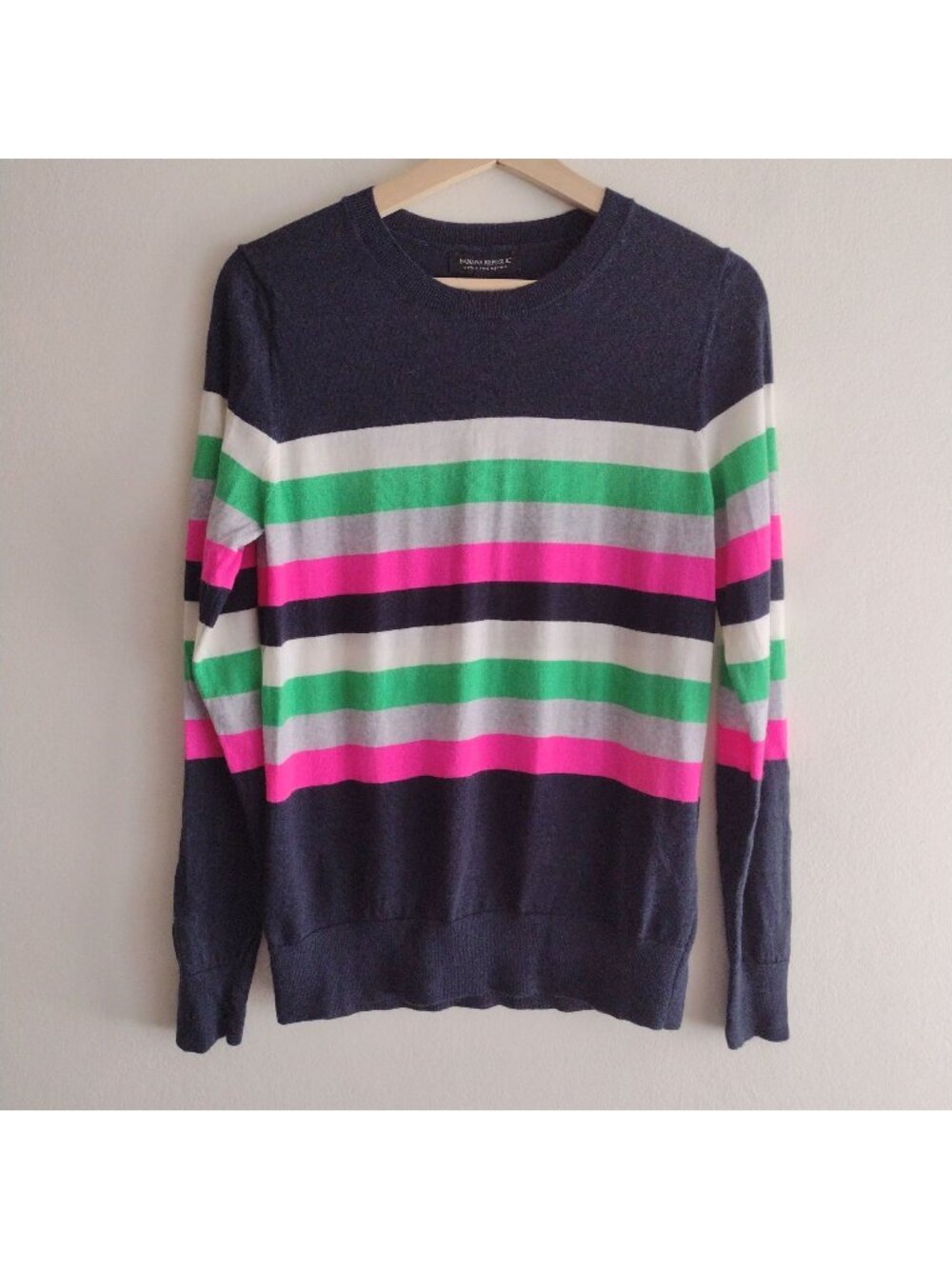Banana Republic Merino Wool Striped Sweater M Navy Green Pink Pullover